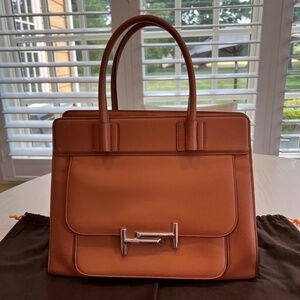 Tod's Double T Brown Silver Smooth Leather Tote Ladies Bag